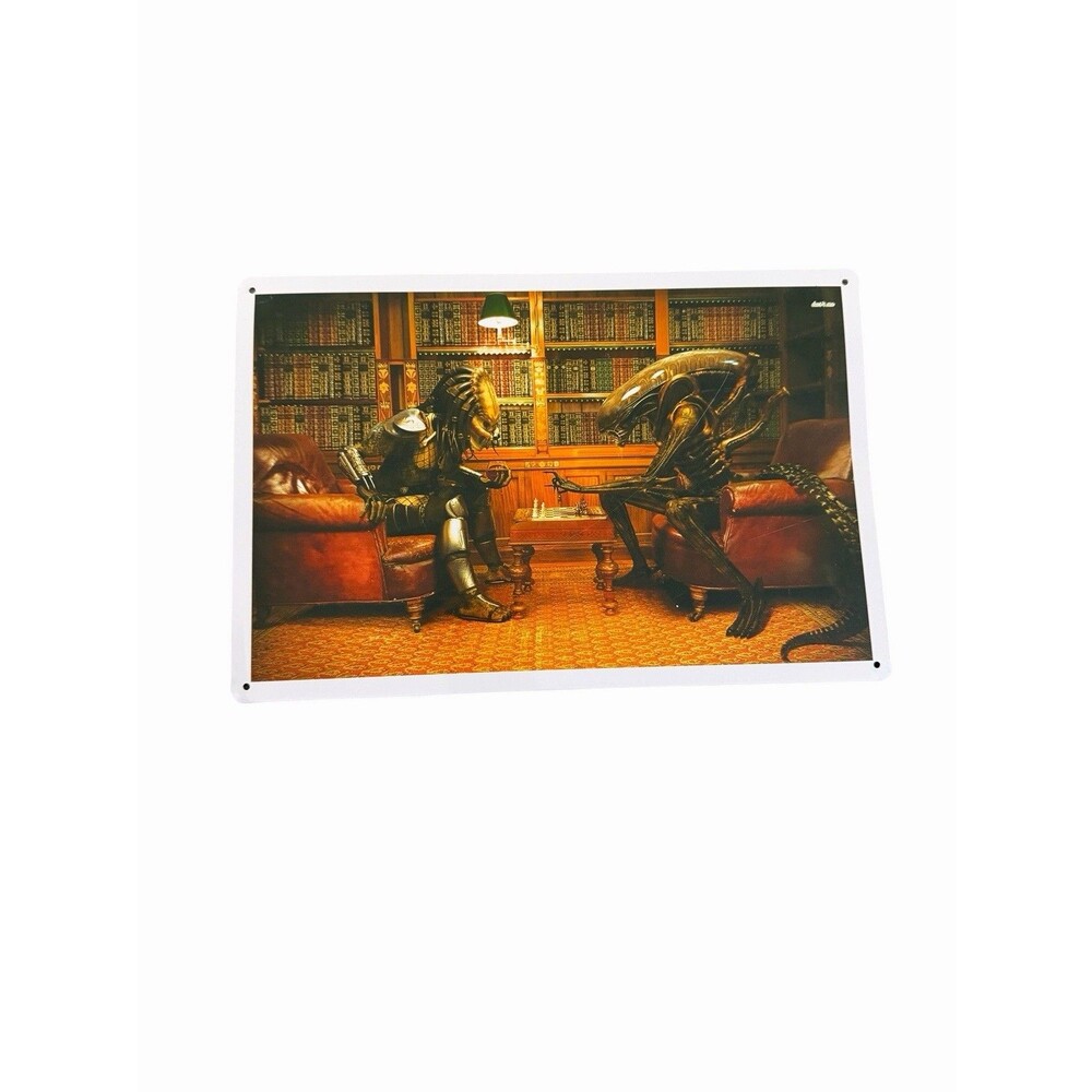 Alien vs Predator Playing Chess Metal Wall Art Decor Collectible  12" x 8" NWT